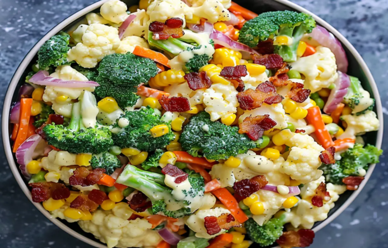 Creamy Broccoli, Cauliflower, Corn, and Bacon Salad